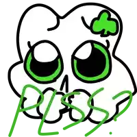 a drawing of a skull with green eyes and the word pliss