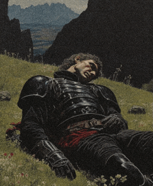 a painting of a man in armor laying on the grass