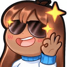 a cartoon girl wearing sunglasses and a blue sweater is waving with a star in her hair .