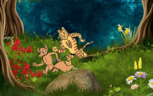 a cartoon of a fox and a tiger in a lush green forest