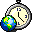 a pixel art of a pocket watch with a globe in the background .