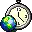 a pixel art of a pocket watch with a globe in the background .