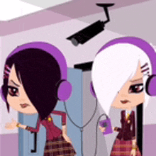 two cartoon girls wearing headphones and a camera on the ceiling .