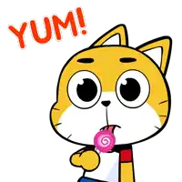 a cartoon cat is licking a lollipop and the word yum is above him