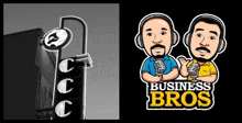 a cartoon drawing of two men holding microphones with the words business bros above them