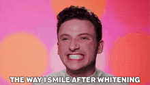 a man is smiling with the words " the way i smile after whitening " above him