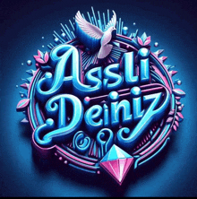 a blue and pink logo with the words assli deniz and a dove