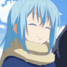 a close up of a blue haired anime character with her eyes closed