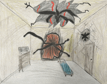 a child 's drawing of a room with a monster and a bed