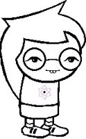 a pixel art drawing of a girl with glasses and a flower on her shirt .