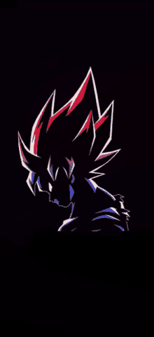 a silhouette of a dragon ball z character with red and blue hair on a black background .