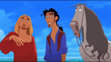 three cartoon characters are standing next to each other with a horse in the foreground