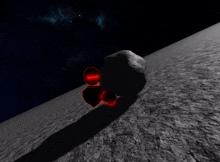 a computer generated image of a rock on the moon with red lights around it