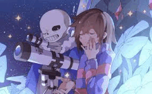 undertale sans and frisk are looking through a telescope .