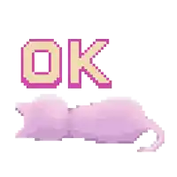 a pixel art illustration of a cat laying down with the words `` ok '' above it .