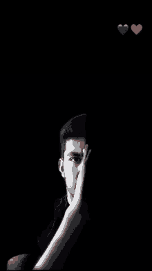 a man is covering half of his face with his hand .