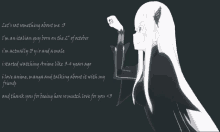 a girl with long white hair stands in front of a black background with the words let 's say something about me