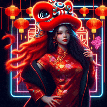 a woman in a cheongsam is holding a red lion head