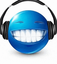 a blue smiley face wearing headphones with a big smile on it .