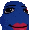 a blue cartoon character with a red eye and a red lip is smiling .