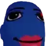 a blue cartoon character with a red eye and a red lip is smiling .