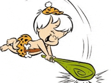 a cartoon of bam bam from the flintstones laying on the ground holding a stick .