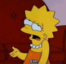 a cartoon character from the simpsons is sitting on a red couch with her mouth open .