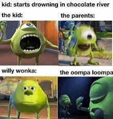 a kid starts drowning in chocolate river the kid : the parents : willy wonka : the coma loompa :