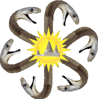 a group of snakes are surrounded by a yellow sun and a temple