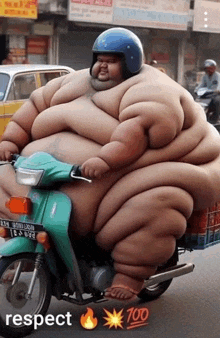 a very fat man wearing a helmet rides a green motorcycle