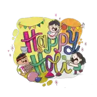 a happy holi greeting card with children playing with balloons