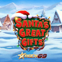 a santa 's great gifts logo with a santa hat in the background