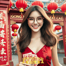 a woman in a red dress is smiling in front of a gong sign