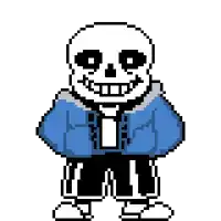 a pixel art drawing of a skeleton wearing a blue jacket