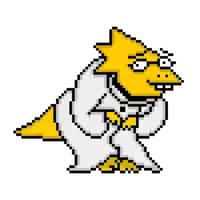 a pixel art drawing of a yellow lizard wearing a white robe .