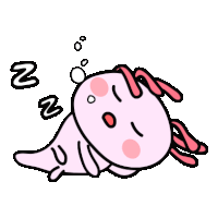 a pink axolotl is sleeping on its back with its mouth open