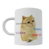 a coffee mug with a cat on it that says " very coffee "