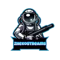 a logo with an astronaut holding a gun and the words zhexostreams below him