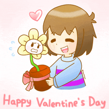 a drawing of a girl holding a flower with the words happy valentine 's day on the bottom