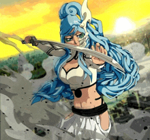 a woman with long blue hair is holding a sword in her hand