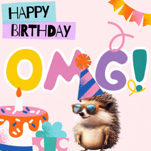 a birthday card with a hedgehog wearing a party hat and sunglasses