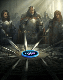 a group of knights are gathered around a table with a blue circle with the letters jjb on it