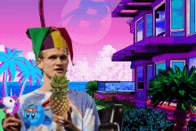 a man in a jester hat holds a pineapple in front of a purple building