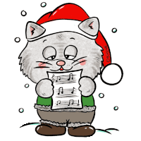 a cartoon of a cat wearing a santa hat and holding a sheet of music