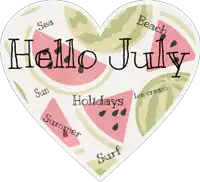 a heart shaped sticker that says hello july on it