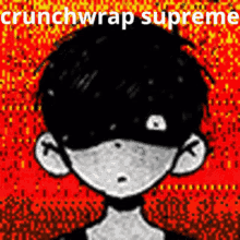 a black and white drawing of a boy with a red background and the words `` crunchwrap supreme '' .