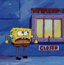 a cartoon spongebob standing in front of a closed sign