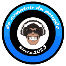 a monkey wearing headphones and sunglasses is in the center of a circle that says " ce comptoir du peuple since 2023 "