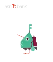 an illustration of a bird with a backpack and the word bank behind it