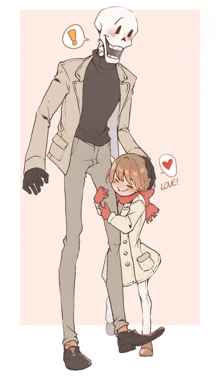 a drawing of a skeleton standing next to a little girl with the words love written below them